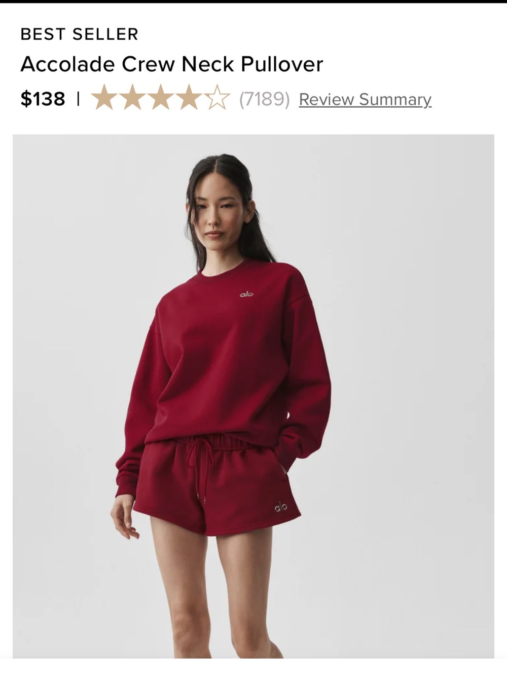Alo Accolade Crew Neck + Straight Leg Sweatpants + Shorts in Summer Romance Red - Picture 8 of 9